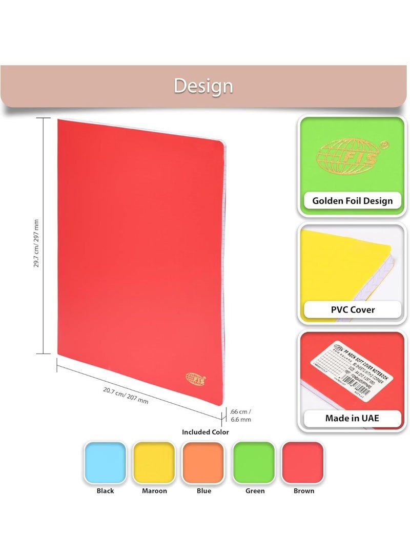FIS Notebook, A4 Size (210x297mm), Soft Cover PP Material, 80 Sheets White Paper, 5mm Square Line Ruling, Pack of 5 Assorted Pastel Colors, Ideal for School, Office & Home Use - FSNBA45MPPNAST - Image 3
